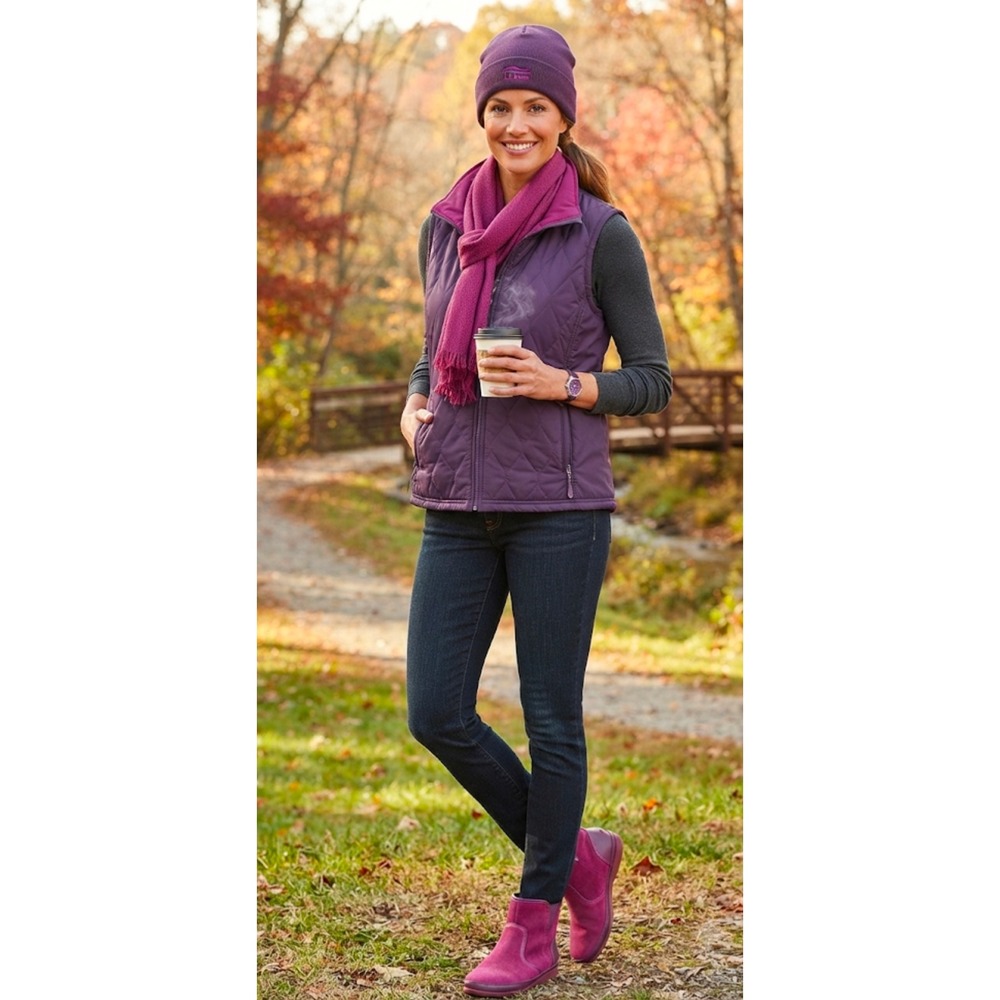 LL Bean PrimaLoft Packaway Vest Purple Quilted Full Zip Puffer Vest Womens Small